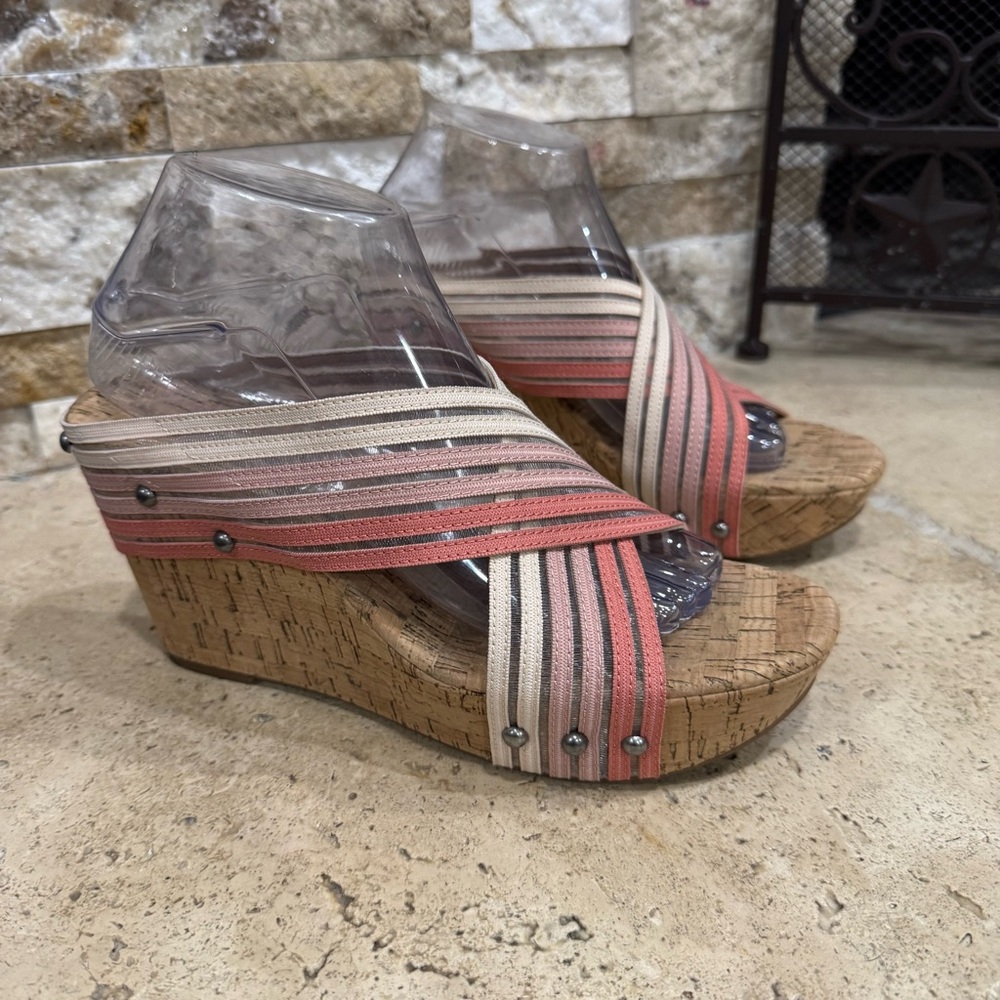 Lucky Brand Mykayla Canyon Clay Ombre Cross Strap Cork Wedges Women's Size 8.5